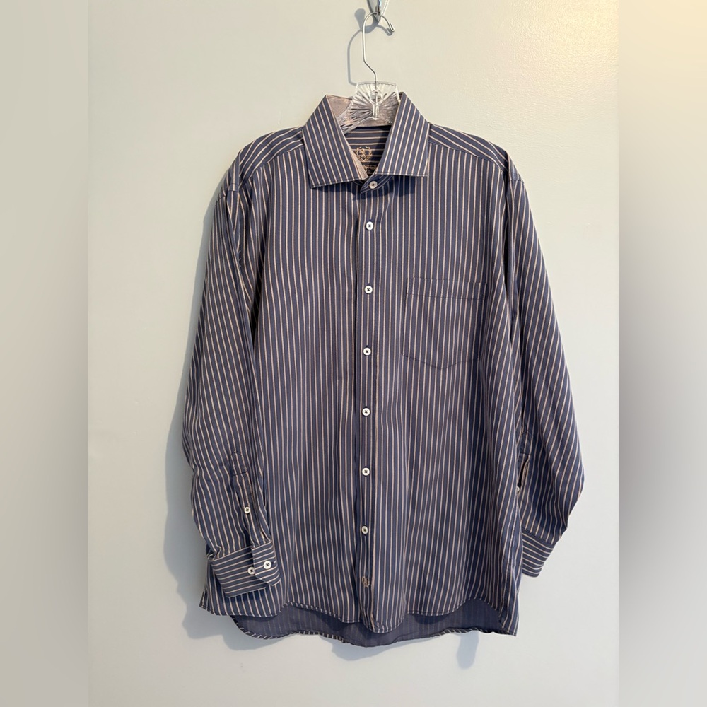 Bugatchi Uomo Men 100% Cotton Blue Long Sleeve Striped Button Down Dress Shirt